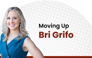 Headshot of Bri Grifo with text that reads “Moving Up,” announcing her promotion to Director of Marketing at Aker Ink.