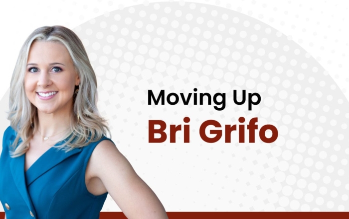 Headshot of Bri Grifo with text that reads “Moving Up,” announcing her promotion to Director of Marketing at Aker Ink.