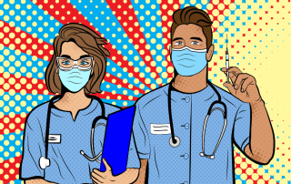 Doctors in mask with vaccine in pop art style. Background in comic style retro pop art. Illustration for print advertising and web.