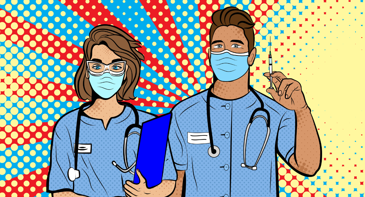 Doctors in mask with vaccine in pop art style. Background in comic style retro pop art. Illustration for print advertising and web.