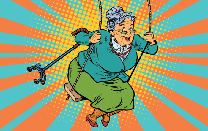 lderly woman with cane on swing benefits from senior living advertising on social media