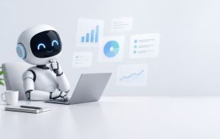 Artificial intelligence bot views website content on laptop screen via a machine-readable translation that supports AI search visibility.